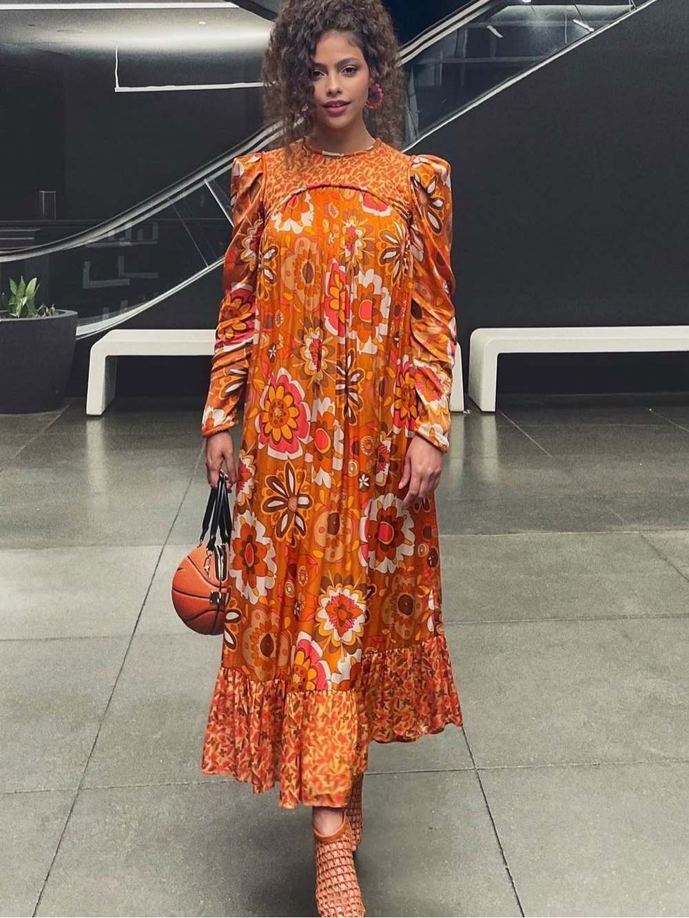 CeliaB Tai Printed Satin Midi Dress Orange Floral Size M NWOT